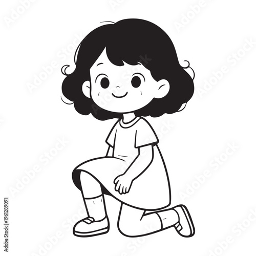 Minimalist black and white vector illustration of curly haired young girl kneeling