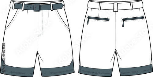 Technical Fashion Flat Drawing of Men's Outdoor Hiking Shorts with a Webbing Belt, Contrast Hem Panels, Slanted Pockets, and Back Zipper Pockets for Apparel Design Vector.