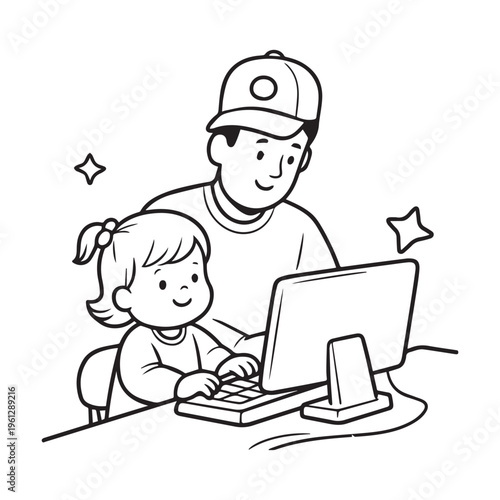 Minimalist vector illustration of father helping young daughter use a desktop computer