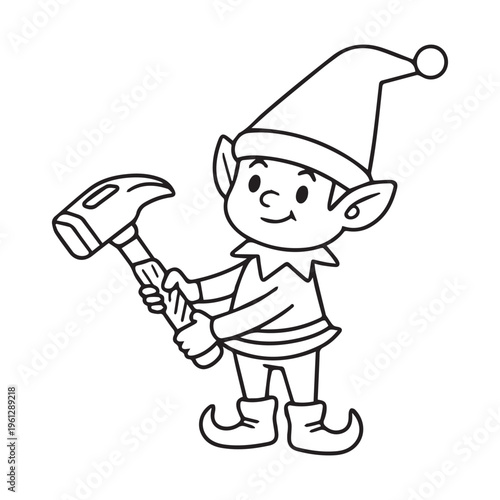 Simple black and white vector line art of Christmas elf holding hammer