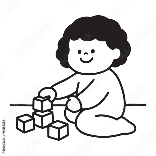 Minimalist black and white vector of curly haired baby playing with blocks