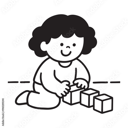 Minimalist black and white vector of curly haired baby playing with blocks