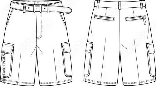 Technical Fashion Flat Drawing of Men's Cargo Shorts with a Utility Belt, Large Side Flap Pockets, and Back Zipper Welt Pockets for Outdoor or Casual Wear Design Vector.