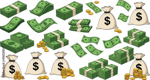 Money Cash Collection with Dollar Bills Coins and Money Bags, Finance Wealth Illustration Set for Business Design on White Background
