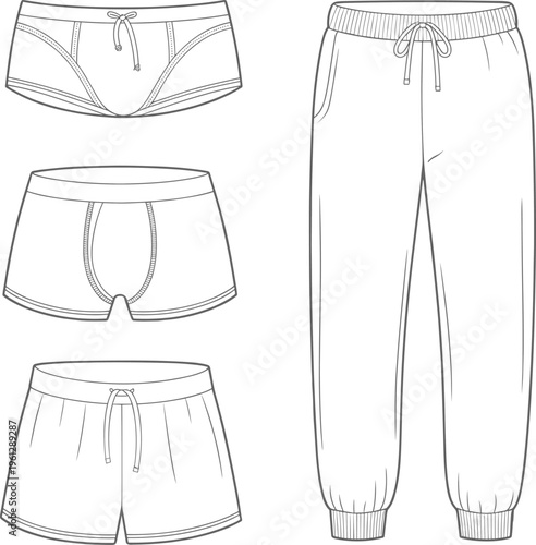 Technical Fashion Flat Drawing of Men's Long Cargo Shorts with a Utility Belt, Large Flap Pockets on the Sides, and Back Zipper Welt Pockets for Outdoor Apparel Design Vector.