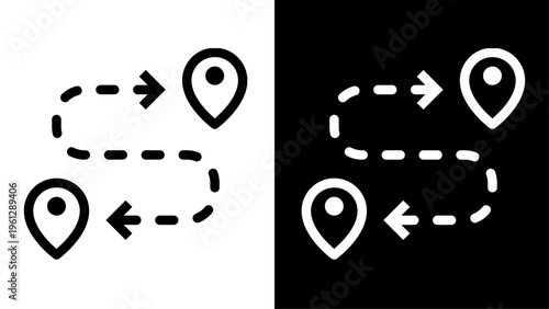 Minimalist route map icons with location pins and dashed path, black and white navigation symbols, travel itinerary vector set for apps