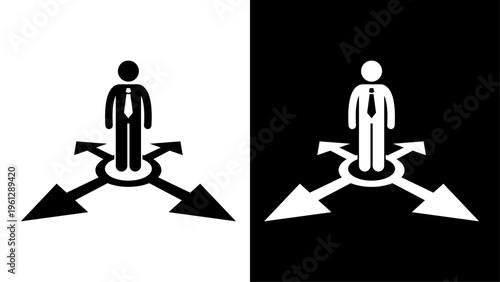 Business decision making icon set, businessman standing at crossroads with multiple arrows, career path and strategy choice concept vector
