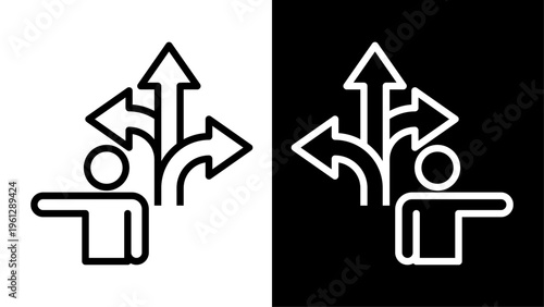 Decision making icon set, person choosing direction with multiple arrows, business strategy and career path concept, black and white vector line art