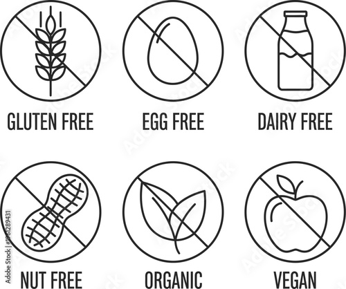Set of six dietary restriction badges showing prohibition signs over common allergens.