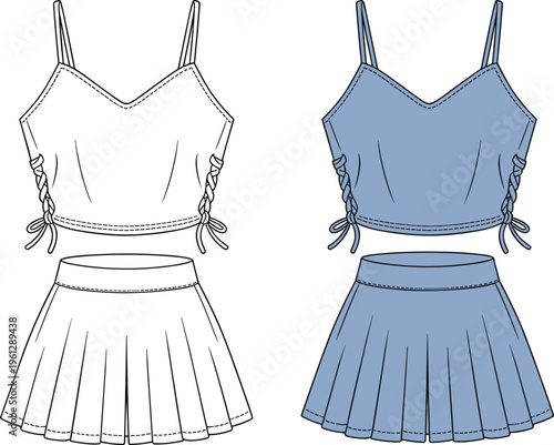 Technical Fashion Flat Drawing of a Women's Coordinated Set Featuring a Cami Crop Top with Side Tie Detailing and a Pleated Flared Mini Skirt for Casual or Partywear Design Vector.