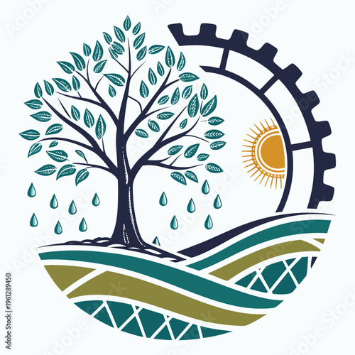 Tree with leaves and gear cog on a sunny day with rain