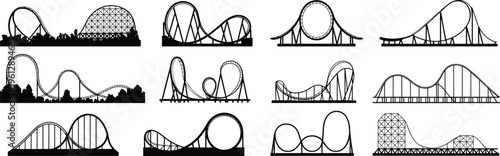 Set of roller coaster silhouettes, amusement park rides, looping tracks, thrilling attractions, high-speed fun, adrenaline rush, entertainment, theme park, black vector icons