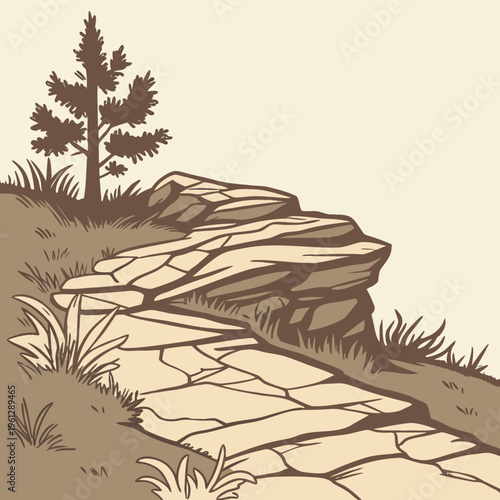A stone path leading up to a grassy hill with a tree