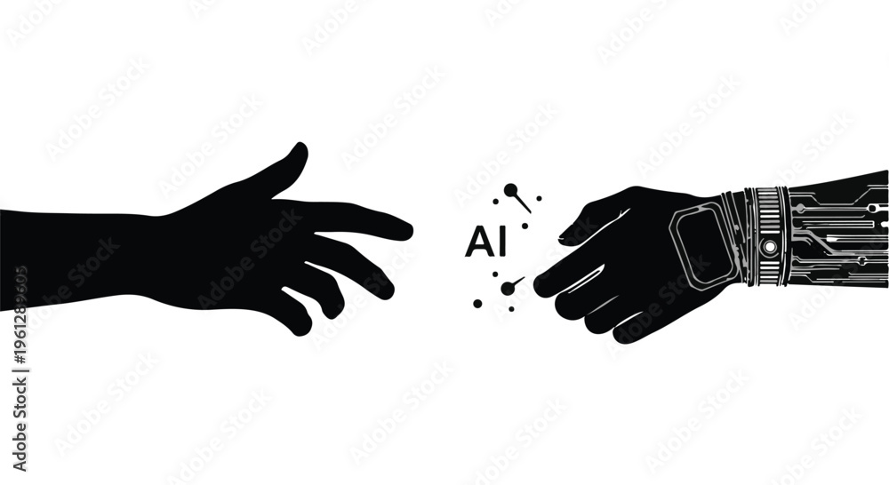 Obraz premium human hand reaching robotic hand with AI technology
