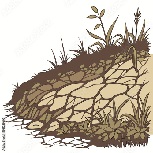 A pile of dry cracked earth with grass and plants growing on top