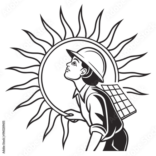 Man with solar panel on back looking at sun