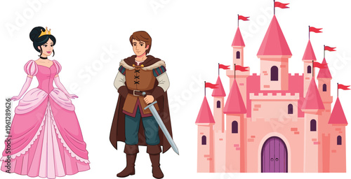 Fairytale Princess and Prince with Castle Illustration, Fantasy Royal Characters Set for Storybook Design Isolated on White Background