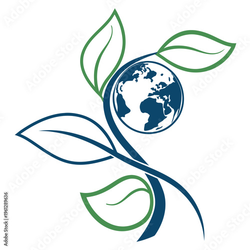 A blue and green logo of the earth with leaves