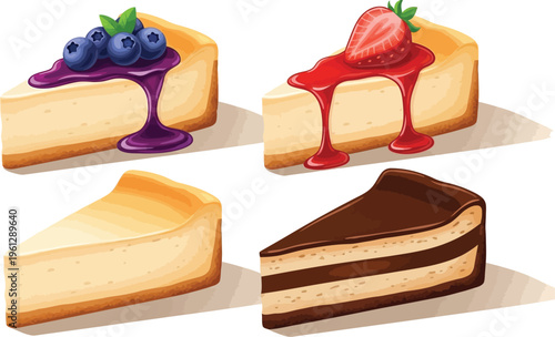 Four assorted slices of rich cheesecake are presented with various delicious fruit.