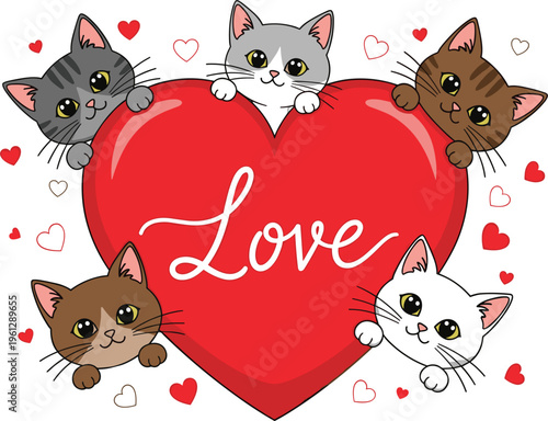 Cute Cats with Heart Love Illustration, Adorable Kittens Holding Red Heart for Valentine Greeting Design on White Background