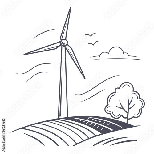 A wind turbine on a field with a tree
