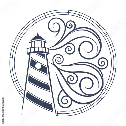 A lighthouse with swirling waves