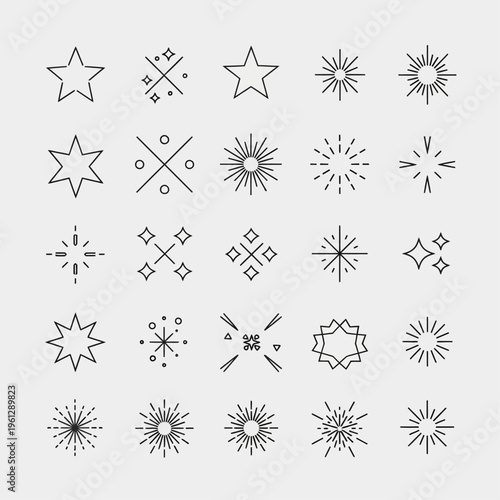 A series of geometric vector starbursts and twinkle icons designed for adding celestial flair to digital and print designs.