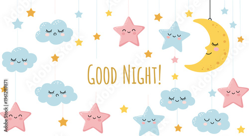 Cute Good Night Illustration with Moon Stars and Clouds, Cartoon Nursery Design for Kids Sleep Theme on White Background