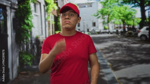 Young man in red delivery uniform touching his ear and squinting on a city street with parked cars and storefronts; frustration.
