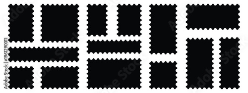 Postage stamp frames set with perforated edges, Blank black mail stamps collection. Vector postage borders for photo and design. vintage vector postal borders and rectangular mailing stamp shapes.