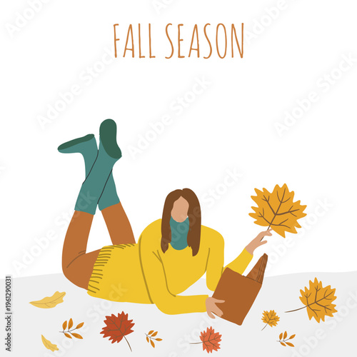Flat vector illustration fall season, Hello autumn, cozy autumn, hand drawn vector illustration, I love leaf fall.