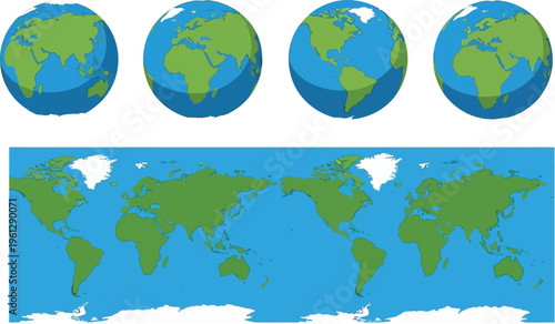 Global geography views show rotating earth spheres and flat map projections for learning.