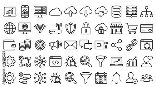 Set of 60 Black Outline SEO and Digital Marketing Icons Vector