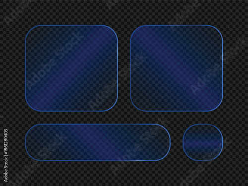 Set of blue glassmorphism frames, glossy rounded rectangles and circle shapes with glow effect on dark background