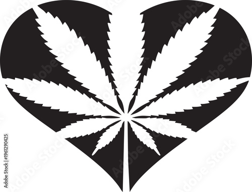 A stylized heart-shaped symbol featuring a cannabis leaf design, often used to represent love for cannabis culture or support for marijuana legalization.