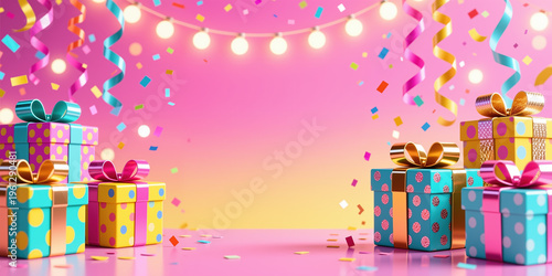 Vibrant birthday scene with gift boxes, confetti, and string lights, creating a festive atmosphere, in a digital art style, with a pink and yellow gradient background.