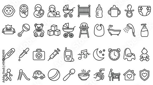 Set of 48 Baby Care and Newborn Outline Icons Vector