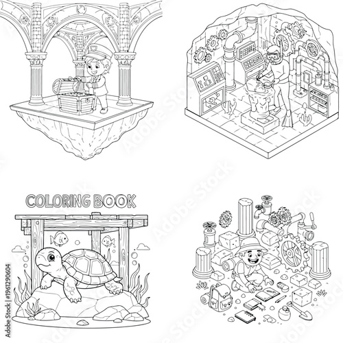 Cartoon turtle in a sunken ship wreck, underwater scene for coloring, coloring book