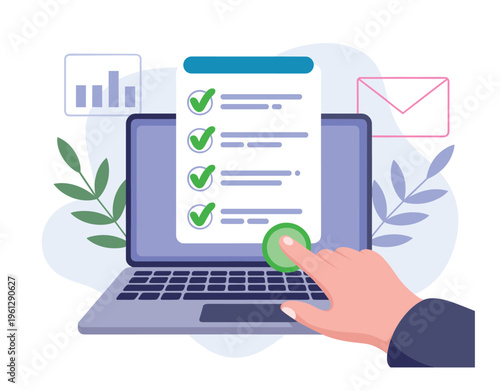Hand pressing green button on laptop checklist with graph and envelope, Graphic design.