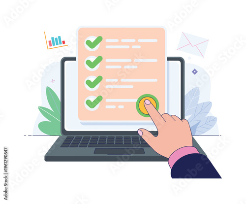 Hand pressing button on laptop screen with checklist and graph finger, Web graphic design.