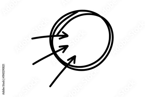 A black and white drawing of a circle with arrows