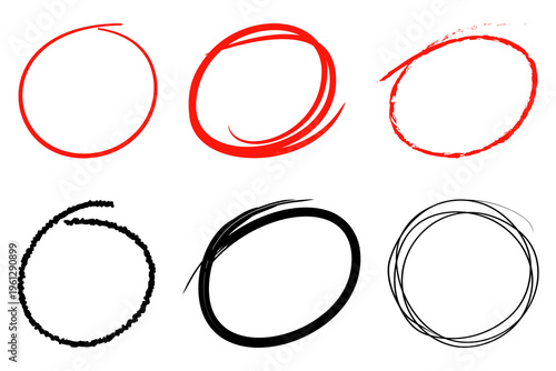 Six hand drawn circles in different colors and styles