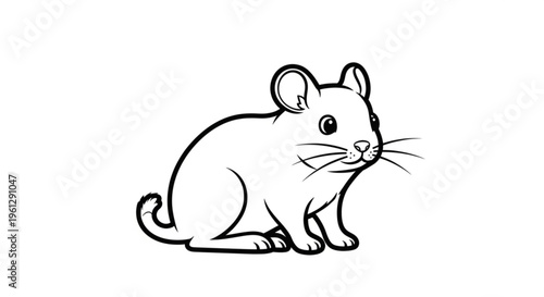 Cute cartoon mouse sitting on ground looking sideways simple black outline drawing on white background