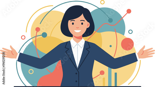 Professional business woman presenting data analysis charts and financial growth strategy for corporate presentation, isolated vector illustration