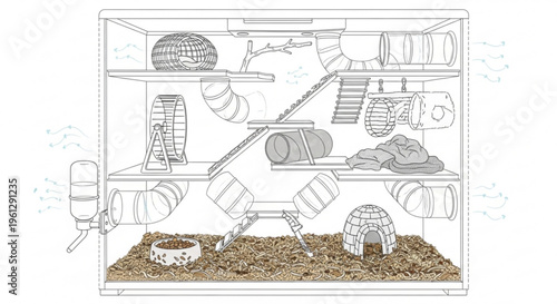 Detailed illustration of a hamster cage with multiple levels toys and accessories for pet care and entertainment