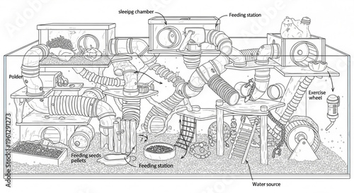 Detailed diagram of a complex maze with labeled components and pathways for rats or mice in a laboratory setting with various testing stations and equipment