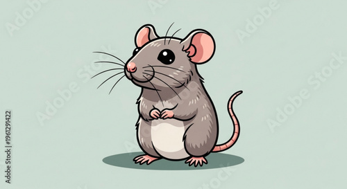 Cute cartoon mouse standing on hind legs looking curious on green background