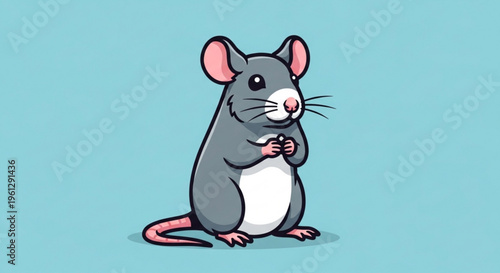 Cute gray mouse standing on hind legs with pink ears and tail on blue background
