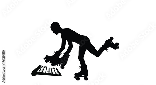 black silhouette of person rollerblading with laptop