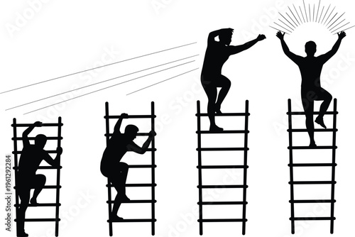 Silhouettes of people climbing ladders, personal growth, ambition, success journey, overcoming challenges, progress, leadership, vision, achievement, determination